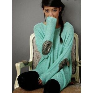 $70 TOBI Mint Sweater Jumper Long Seeve Knit Top Shirt Sequin Elbow Slouchy M